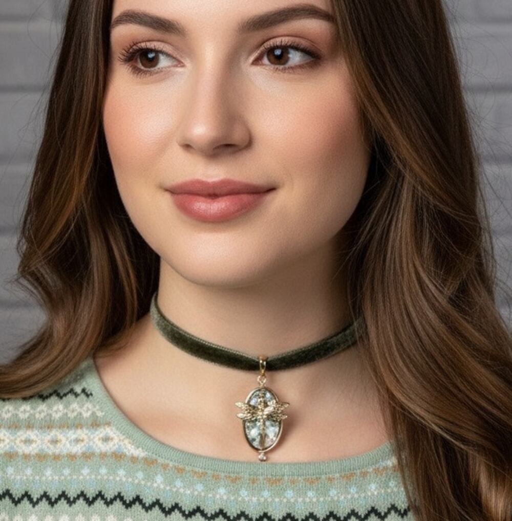 Copied - Handmade dragonfly and mother of pearl pendant choker necklace